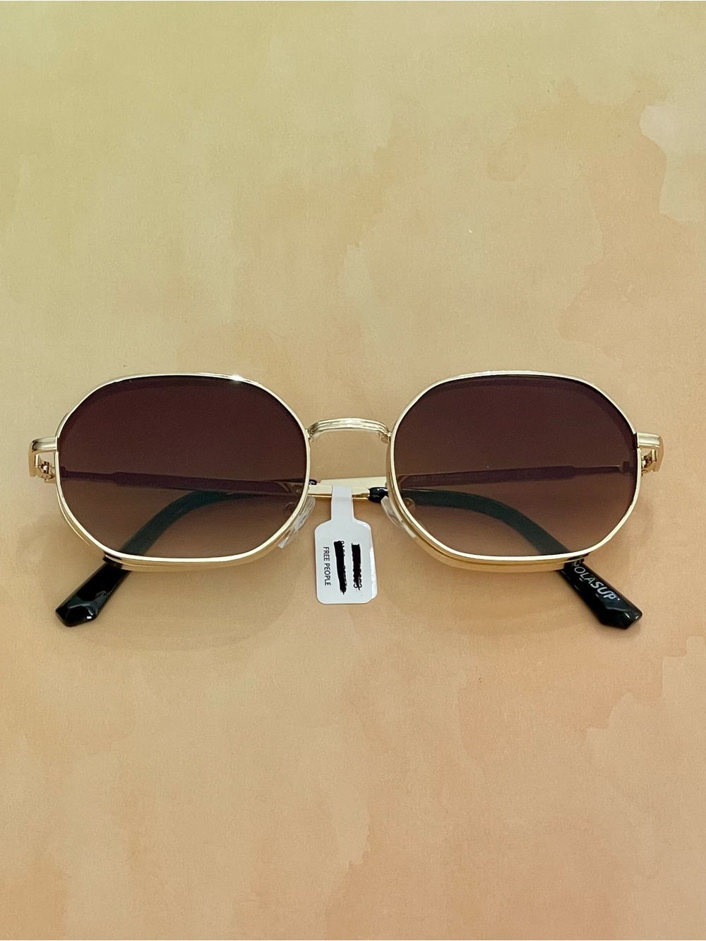 Free People Gold Doble Frame Brown Lens Square-Rounded Sunglasses - Picture 4 of 13